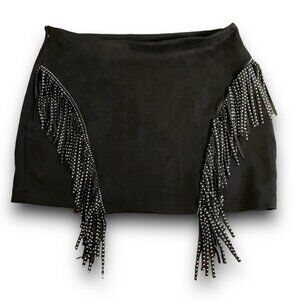 Black Faux Suede Western Mini Skirt Metallic Beaded Fringe Cowgirl Rocker Sz L
